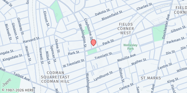 Map showing Dorchester Community Fridge at 110 Claybourne Street, Dorchester, MA