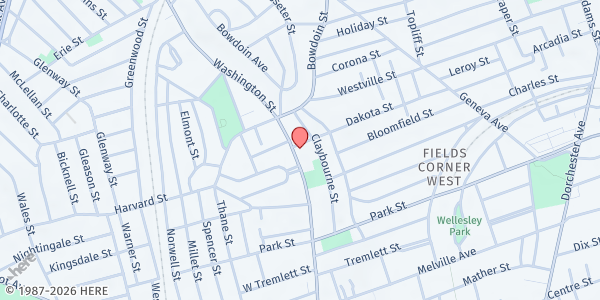 Map showing Greenwood UMC at 378 Washington Street, Dorchester, MA