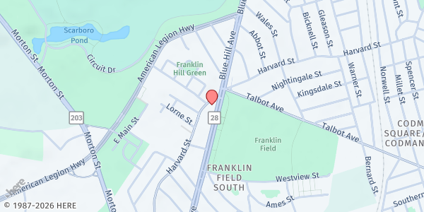 Map showing Harvard Street Neighborhood Health Center at 895 Blue Hill Avenue, Dorchester, MA