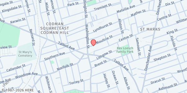 Map showing Second Church at 44 Moultrie Street, Dorchester, MA