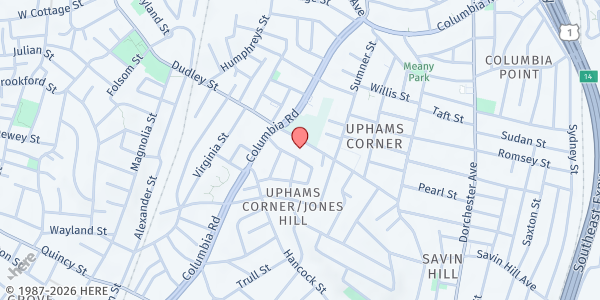 Map showing St. Mary's Food Pantry at 14 Cushing Avenue, Dorchester, MA