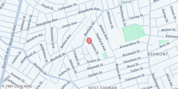 Map showing St. Matthew's Church at 33 Stanton Street, Dorchester, MA