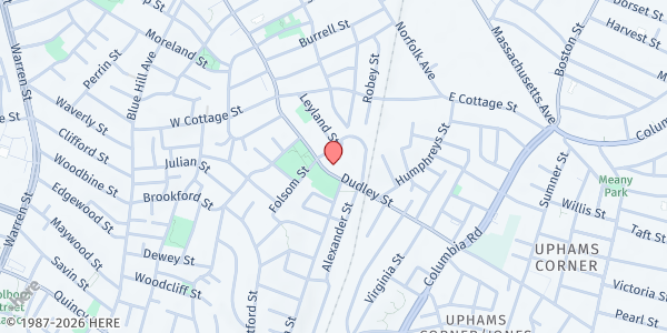 Map showing The Salvation Army Ray and Joan Kroc Corps Community Center at 650 Dudley Street, Dorchester, MA