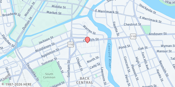 Map showing ICNA Relief Lowell Food Pantry at 99 Church Street, Downtown, MA