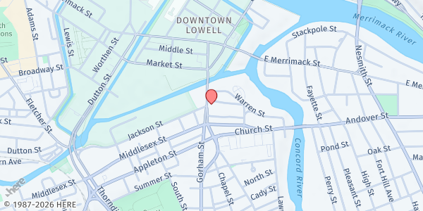 Map showing Open Pantry of Greater Lowell at 13 Hurd Street, Downtown, MA