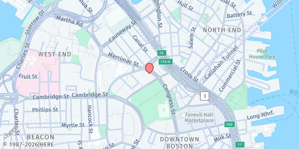 Map showing Self-service DTA Kiosk at Boston City Hall at 1 City Hall Square, Downtown, MA