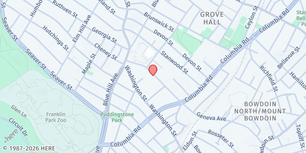 Map showing Ethos Grove Hall Café at 51 Geneva Avenue, Dudley / Brunswick King, MA