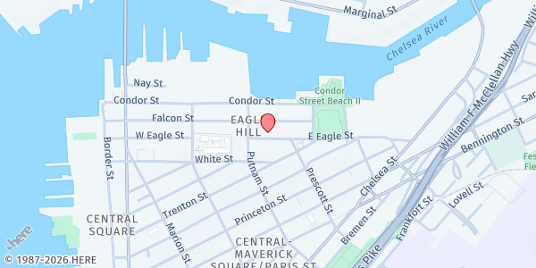 Map showing Eagle Hill Neighbor-led Food Distribution at 218 East Eagle Street, Eagle Hill, MA