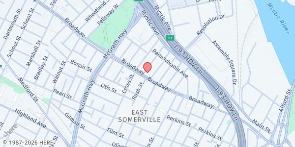 Map showing Connexion Church at 149 Broadway, East Somerville, MA