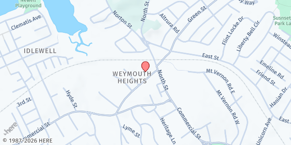 Map showing Weymouth Food Pantry/The First Church Mobile Market at 17 Church Street, East Weymouth, MA