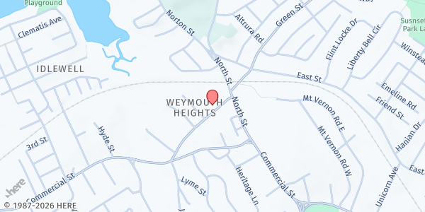 Map showing Weymouth Food Pantry/The First Church Mobile Market at 17 Church Street, East Weymouth, MA