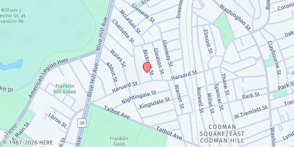 Map showing Bethel Tabernacle Pentecostal Church at 12 Bicknell Street, Franklin Field North, MA