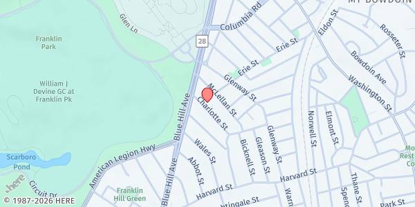 Map showing Greater Anointing Harvest Church at 20 Charlotte Street, Franklin Field North, MA