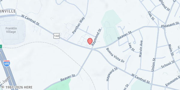 Map showing Franklin Food Pantry at 341 West Central Street, Franklin, MA