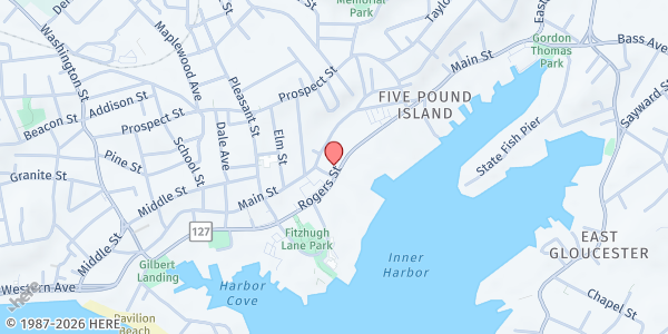 Map showing Gloucester Rose Baker Senior Center at 6 Manuel F Lewis Street, Gloucester, MA