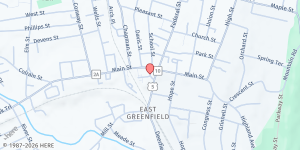 Map showing Franklin County Community Meals Program Greenfield at 16 Court Square, Greenfield, MA