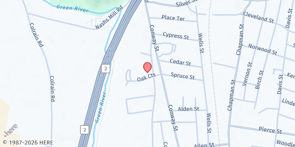 Map showing Oak Courts Mobile Food Bank at 7 Oak Courts, Greenfield, MA