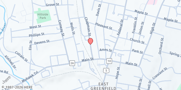 Map showing The Salvation Army Greenfield Corps Meal Site at 72 Chapman Street, Greenfield, MA