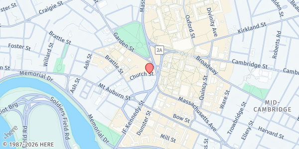 Map showing First Parish Unitarian Church at 3 Church Street, Harvard Square, MA