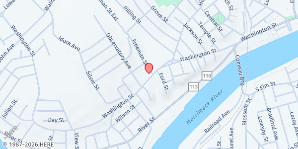 Map showing Rehoboth Full Gospel Church at 409 Washington St, Haverhill, MA