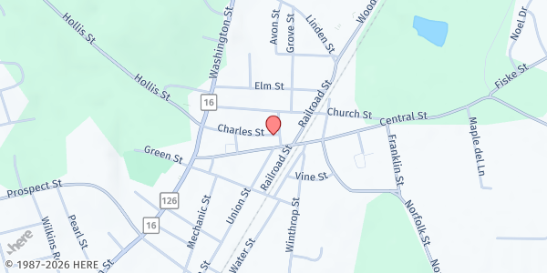 Map showing Holliston Pantry Shelf at 73 Charles St, Holliston, MA