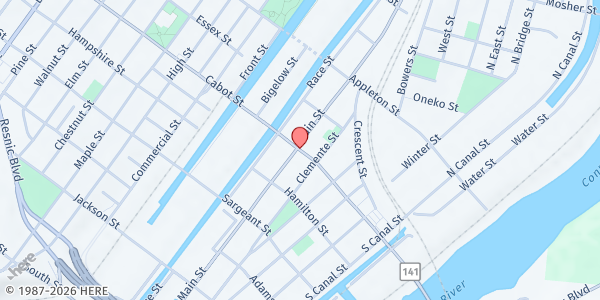 Map showing Christian Pentecostal Church Holyoke Food Pantry at 96 Cabot Street, Holyoke, MA