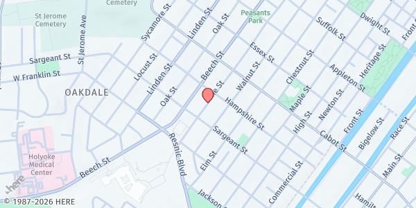 Map showing Holyoke Brown Bag at 291 Pine Street, Holyoke, MA
