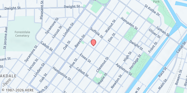 Map showing Iglesia de Dios Levantando al Caido Inc. at 104 Suffolk Street, Holyoke, MA