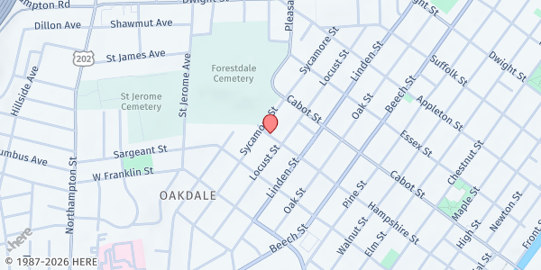 Map showing Pa'lante Transformative Justice Gabinete at 220 Linden St., Holyoke, MA