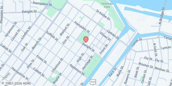 Map showing The Community Builders Lyman Terrace Food Pantry at 17 Hampden Street, Holyoke, MA