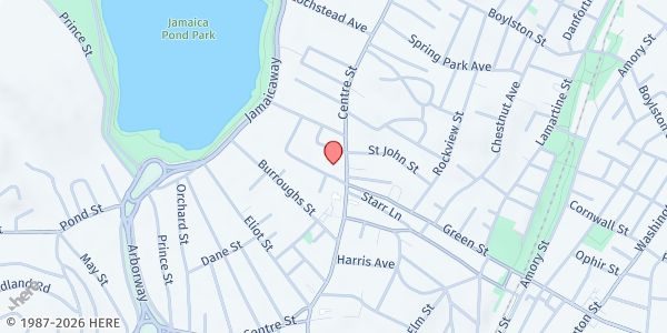 Map showing Ethos Crossroads Café (First Baptist Church of JP) at 633 Centre Street, Jamaica Hills, MA