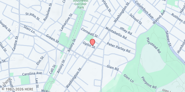 Map showing Brookside Health Center at 3297 Washington Street, Jamaica Plain, MA