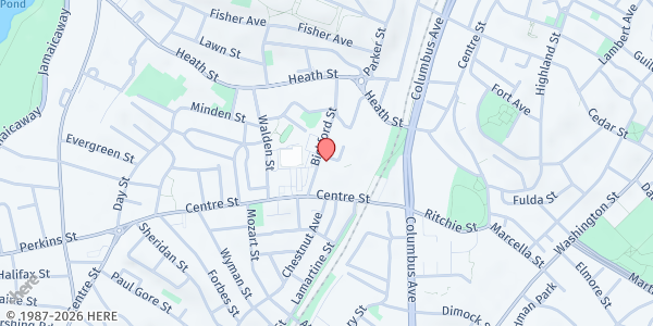 Map showing Ethos Julia Martin House Cafe at 90 Bickford Street, Jamaica Plain, MA