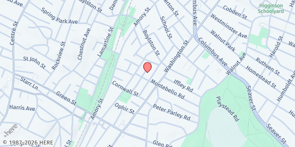 Map showing Our Lady of Lourdes at 14 Montebello Road, Jamaica Plain, MA