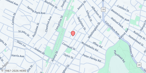 Map showing Our Lady of Lourdes Food Pantry at 54 Brookside Avenue, Jamaica Plain, MA
