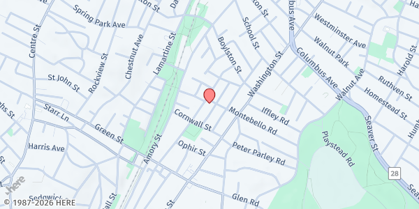 Map showing SVDP/Our Lady of Lourdes at 54 Brookside Avenue, Jamaica Plain, MA