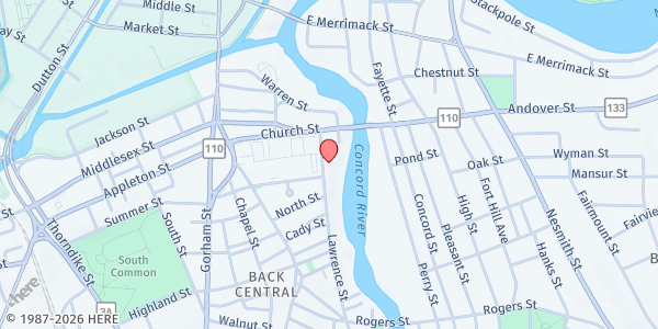 Map showing Catholic Charities of Merrimack Valley - Lowell at 70 Lawrence Street, Lowell, MA