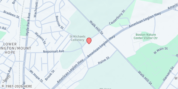 Map showing Tabernacle Baptist Church at 575 American Legion Highway, Lower Washington / Mount Hope, MA