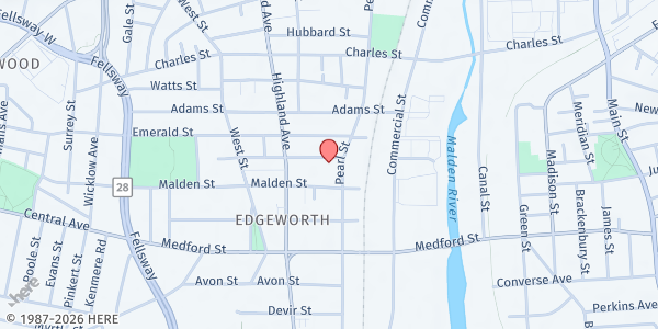 Map showing GRACE CHURCH OF GOD at 12 Thacher Street, Malden, MA