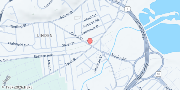 Map showing Malden Community Fridge (Linden Square) at 134 Beach Street, Malden, MA