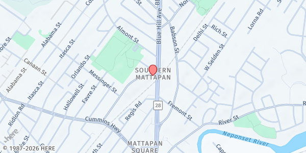 Map showing CWS/Blue Hill Church of Christ at 1505 Blue Hill Avenue, Mattapan, MA