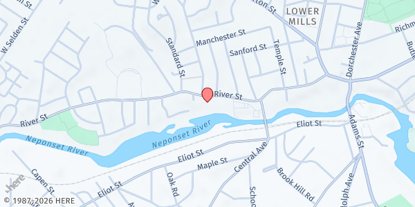 Map showing Greater Boston Nazarene Compassion Center at 130 River Street, Mattapan, MA