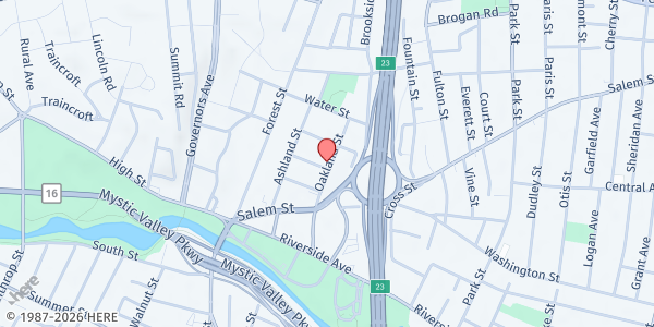 Map showing Micro Food Pantry at First Baptist Church at 34 Oakland St, Medford, MA