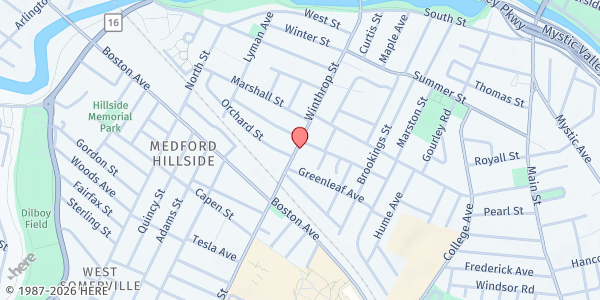 Map showing Micro Food Pantry at Wesley United Methodist Church at 95 Winthrop St, Medford, MA