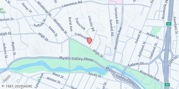 Map showing Unitarian Universalist Church Pantry at 147 High Street, Medford, MA