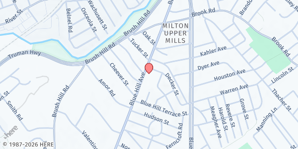Map showing Concord Baptist Church at 180 Blue Hill Avenue, Milton, MA