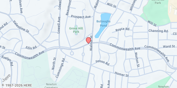 Map showing Newton Food Pantry at 1000 Commonwealth Avenue, Newtonville, MA