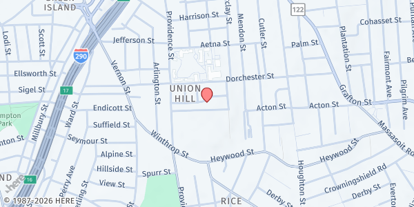 Map showing Worcester Community Fridges - South Street at 42 South Street, Oak Hill, MA