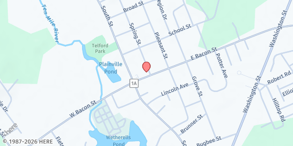 Map showing UMC/Living Bread Food Pantry at 16 East Bacon Street, Plainville, MA