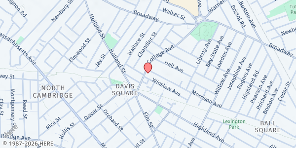 Map showing Somerville Community Baptist Church at 31 College Avenue, Powder House Square, MA